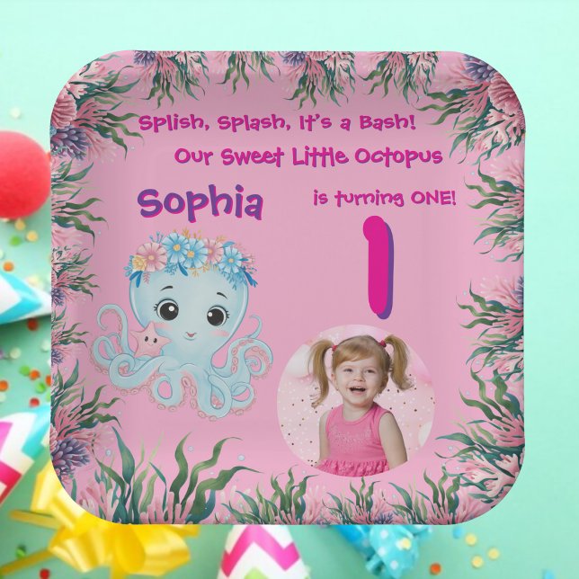 Cute Whimsical Floral Octopus Girly Birthday Paper Plates (Creator Uploaded)