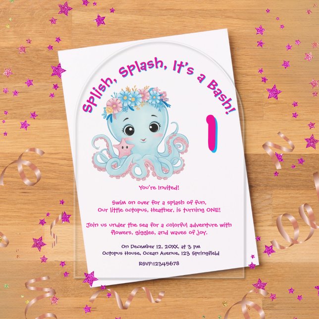 Cute Whimsical Floral Octopus Girly Kids Birthday  Acrylic Invitations (Creator Uploaded)