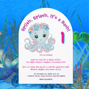 Cute Whimsical Floral Octopus Girly Kids Birthday Invitation