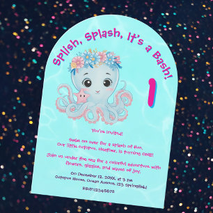Cute Whimsical Floral Octopus Girly Kids Birthday  Invitation
