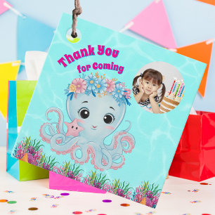 Cute Whimsical Floral Octopus Girly Photo Birthday Favor Tags