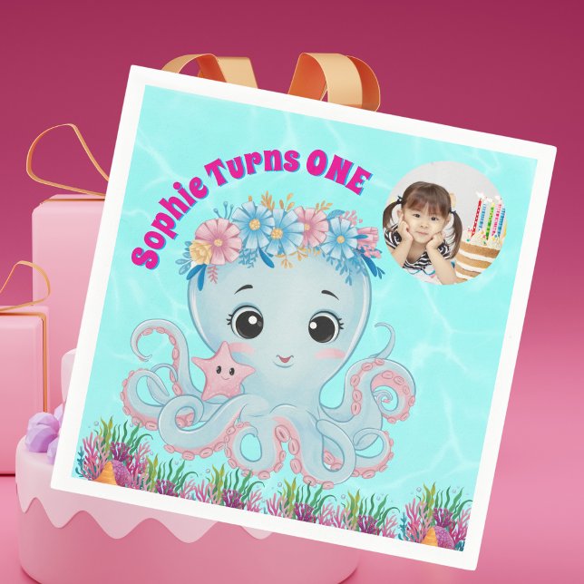 Cute Whimsical Floral Octopus Girly Photo Birthday Napkins (Creator Uploaded)