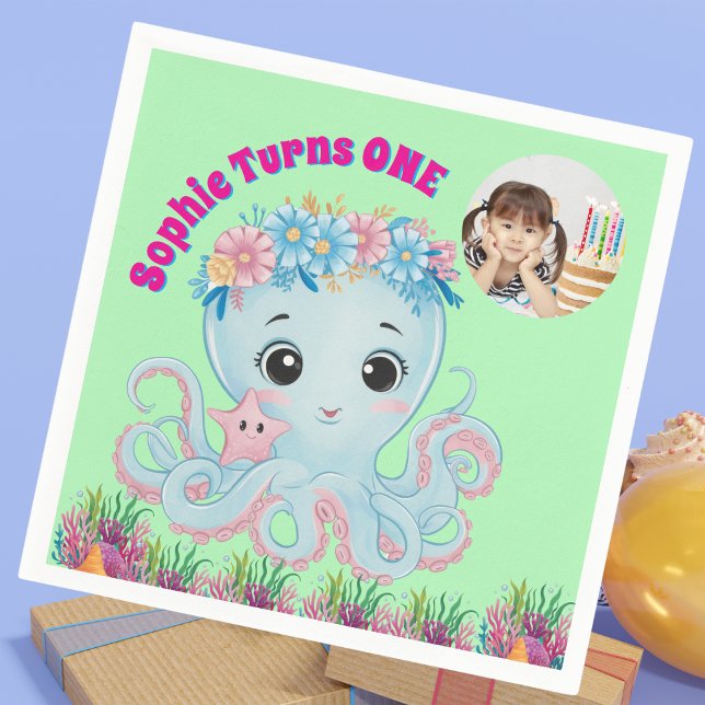 Cute Whimsical Floral Octopus Girly Photo Birthday Napkins (Creator Uploaded)