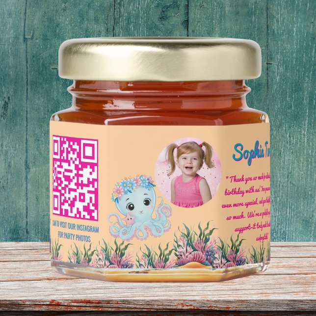 Cute Whimsical Floral Octopus Qr Code Birthday  Honey Jar Favors (Creator Uploaded)