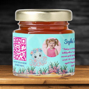 Cute Whimsical Floral Octopus Qr Code Birthday Honey Jar Favors