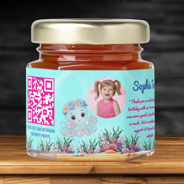 Cute Whimsical Floral Octopus Qr Code Birthday  Honey Jar Favors (Creator Uploaded)