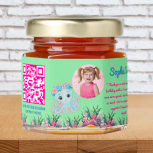 Cute Whimsical Floral Octopus Qr Code Birthday  Honey Jar Favors