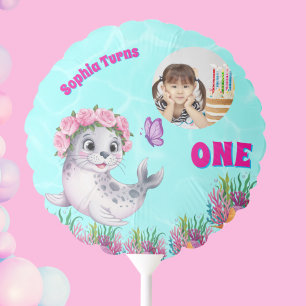 Cute Whimsical Floral Sea Lion Girly Photo Balloon