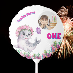 Cute Whimsical Floral Sea Lion Girly Photo Balloon