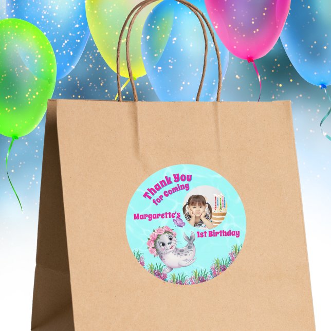 Cute Whimsical Floral Sea Lion Girly Photo  Classic Round Sticker (Creator Uploaded)