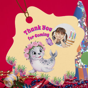 Cute Whimsical Floral Sea Lion  Photo Birthday Favor Tags