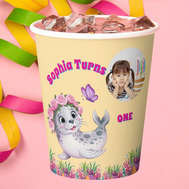 Cute Whimsical Floral Sea Lion Photo Birthday  Paper Cups (Creator Uploaded)