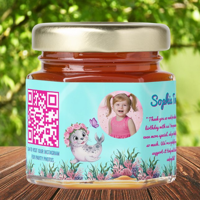 Cute Whimsical Floral Sea Lion Qr Code Birthday  Honey Jar Favors (Creator Uploaded)