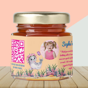 Cute Whimsical Floral Sea Lion Qr Code Birthday Honey Jar Favors