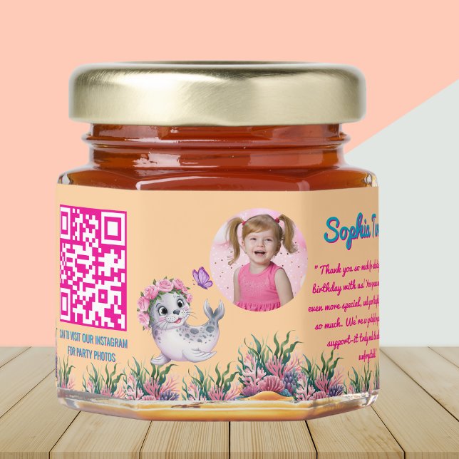 Cute Whimsical Floral Sea Lion Qr Code Birthday  Honey Jar Favors (Creator Uploaded)