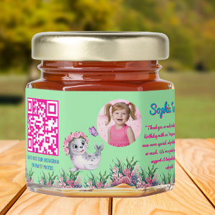 Cute Whimsical Floral Sea Lion Qr Code Birthday  Honey Jar Favors
