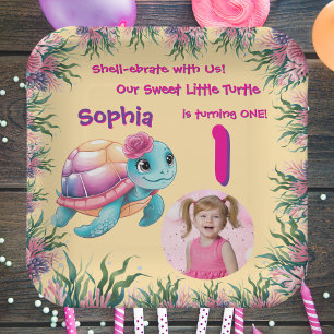 Cute Whimsical Floral Sea Turtle Girly Birthday Paper Plates