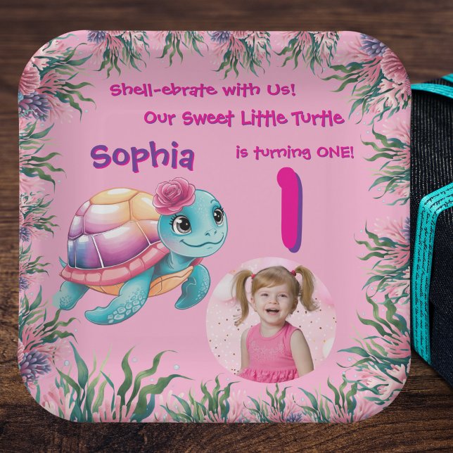 Cute Whimsical Floral Sea Turtle Girly Birthday Paper Plates (Creator Uploaded)