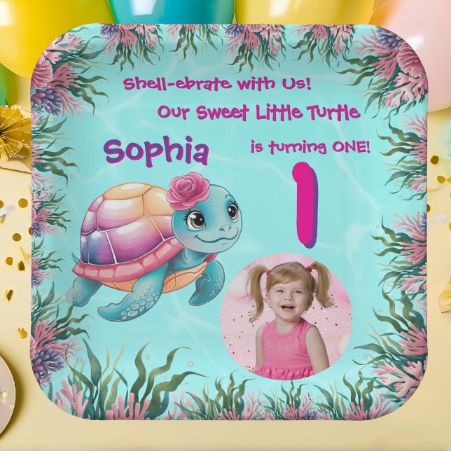 Cute Whimsical Floral Sea Turtle Girly Birthday Paper Plates (Creator Uploaded)