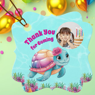 Cute Whimsical Floral Sea Turtle Photo Birthday Favor Tags