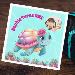 Cute Whimsical Floral Sea Turtle Photo Birthday Napkins