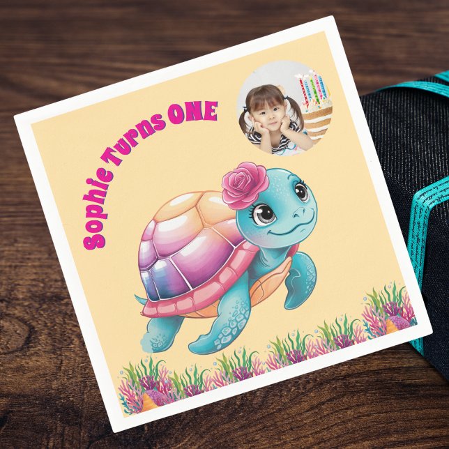 Cute Whimsical Floral Sea Turtle Photo Birthday Napkins (Creator Uploaded)
