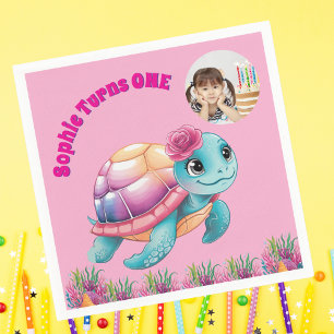 Cute Whimsical Floral Sea Turtle Photo Birthday Napkins