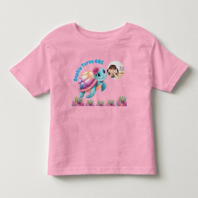 Cute Whimsical Floral Sea Turtle Photo Birthday Toddler T-shirt (Front)