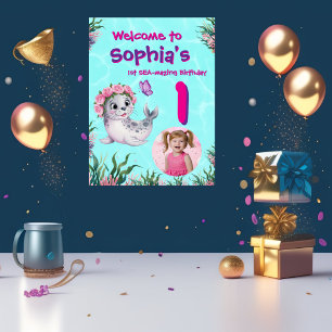 Cute Whimsical Floral Sealion Birthday Welcome  Poster