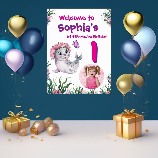Cute Whimsical Floral Sealion Birthday Welcome  Poster (Creator Uploaded)