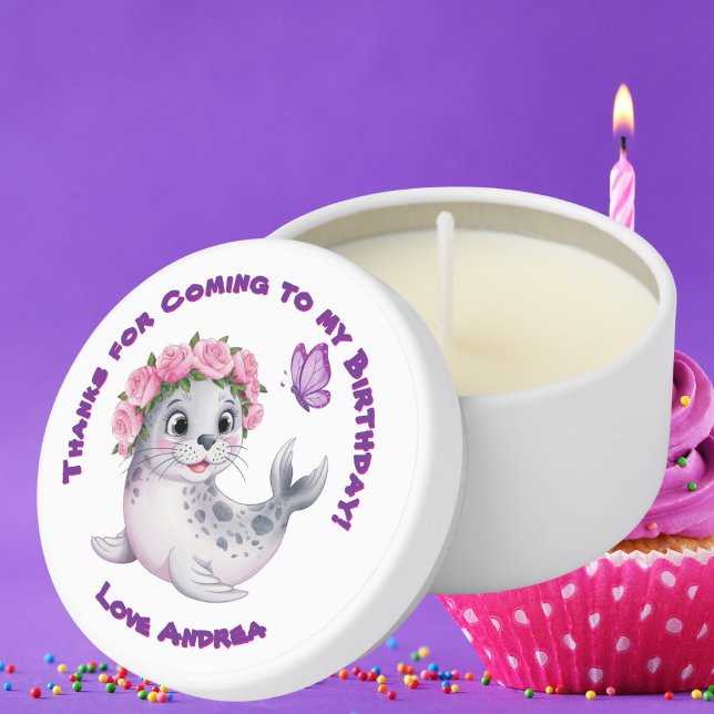 Cute Whimsical Floral Sealion Girly Kids Birthday  Mini Candle Favors (Creator Uploaded)