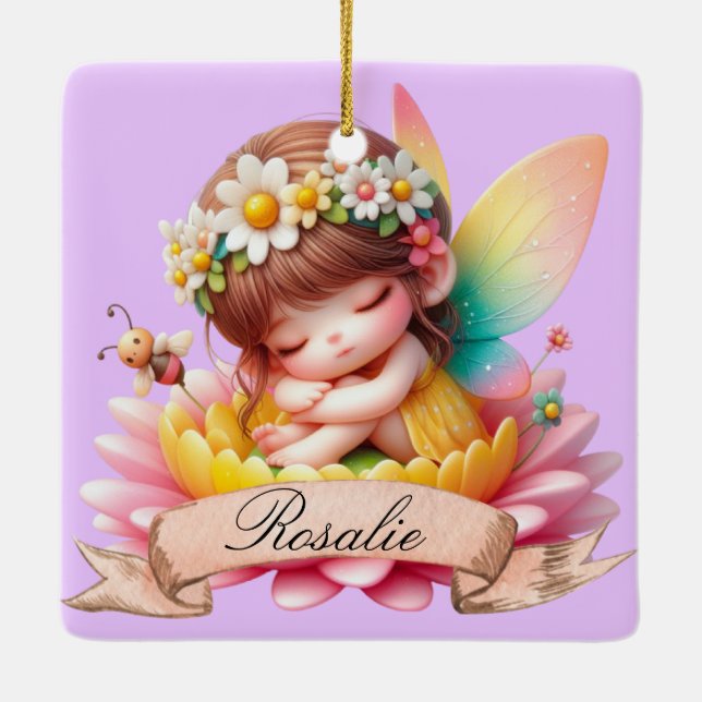 Cute Whimsical Floral Sweet Dreams Sleeping Fairy Ceramic Ornament (Back)