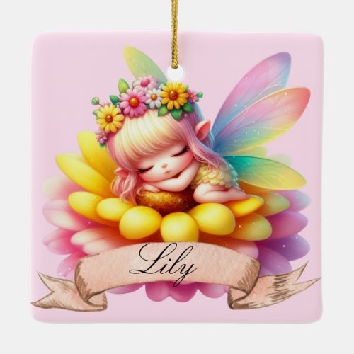 Cute Whimsical Floral Sweet Dreams Sleeping Fairy Ceramic Ornament