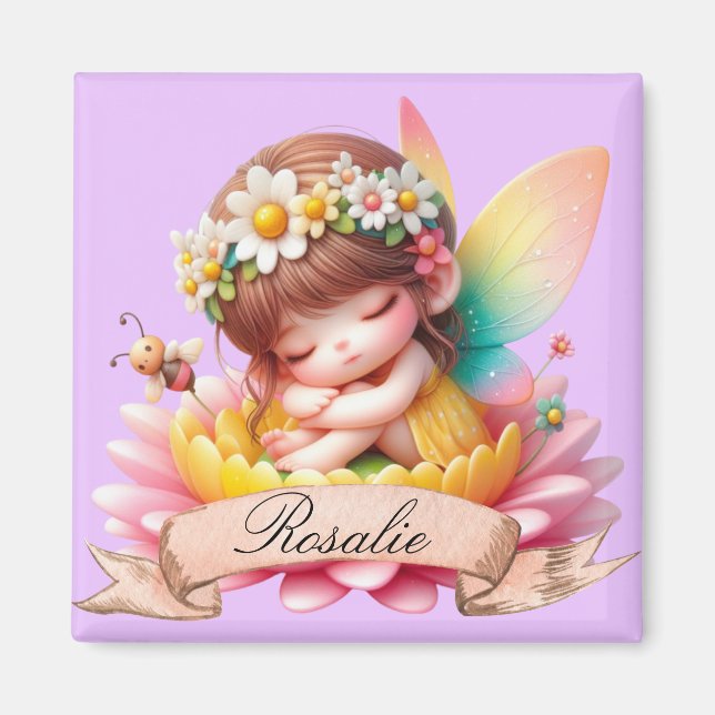 Cute Whimsical Floral Sweet Dreams Sleeping Fairy Magnet (Front)