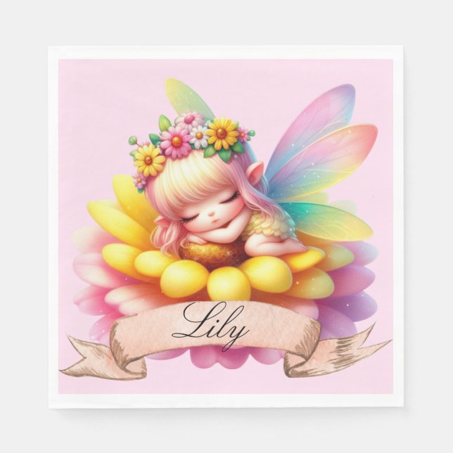 Cute Whimsical Floral Sweet Dreams Sleeping Fairy Napkins (Front)