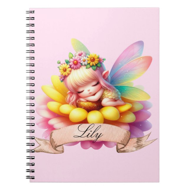 Cute Whimsical Floral Sweet Dreams Sleeping Fairy Notebook (Front)