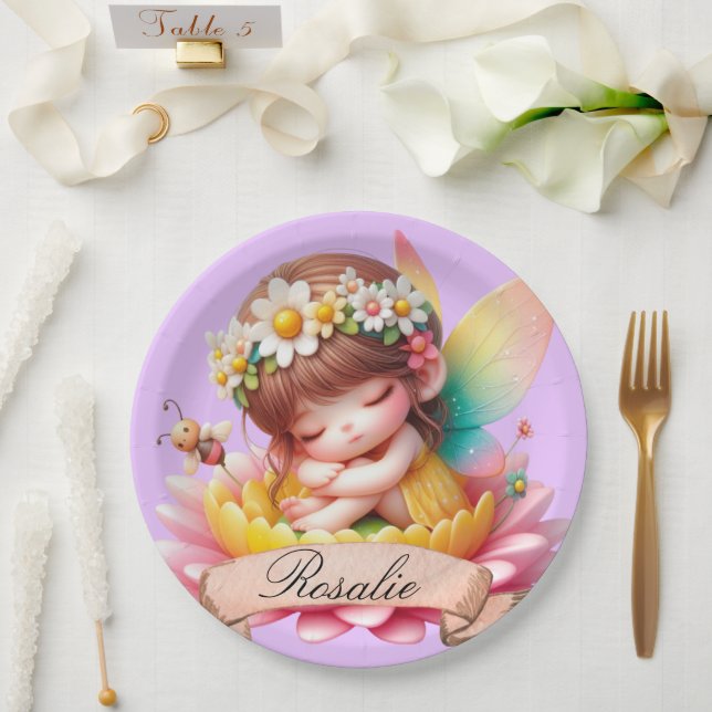 Cute Whimsical Floral Sweet Dreams Sleeping Fairy Paper Plates (Wedding)