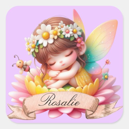 Cute Whimsical Floral Sweet Dreams Sleeping Fairy Square Sticker