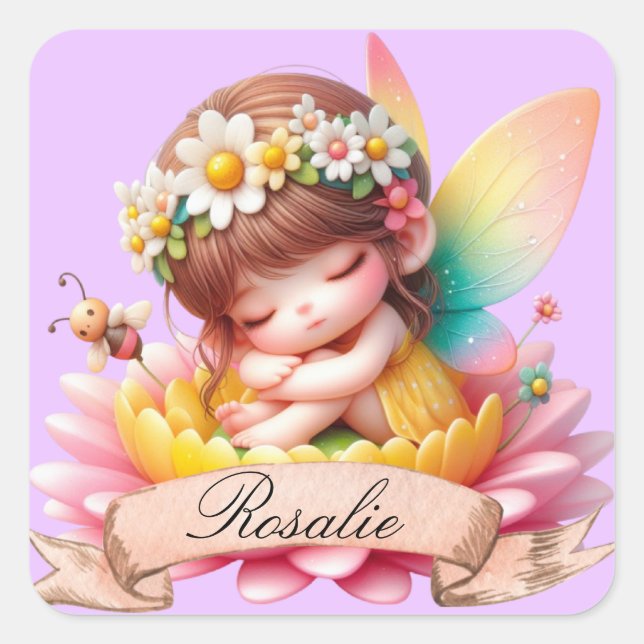 Cute Whimsical Floral Sweet Dreams Sleeping Fairy Square Sticker (Front)