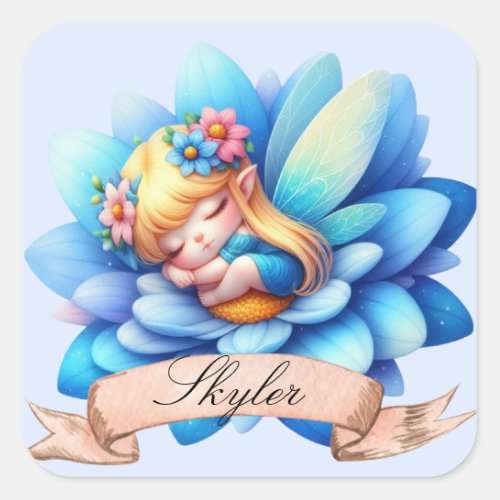 Cute Whimsical Floral Sweet Dreams Sleeping Fairy Square Sticker