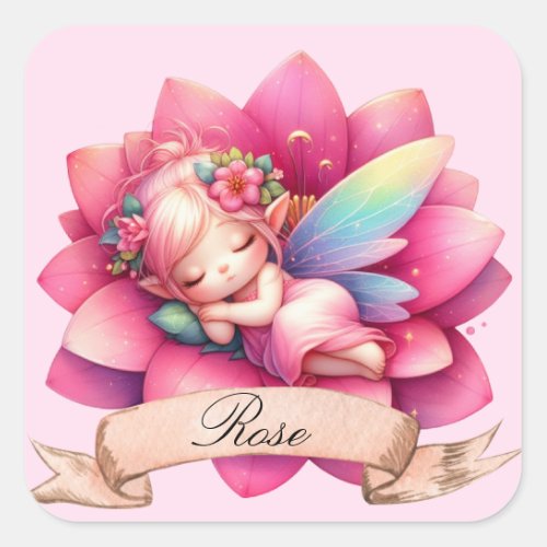 Cute Whimsical Floral Sweet Dreams Sleeping Fairy Square Sticker