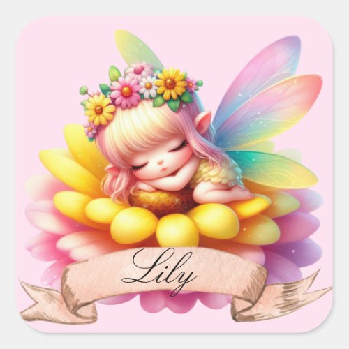 Cute Whimsical Floral Sweet Dreams Sleeping Fairy Square Sticker