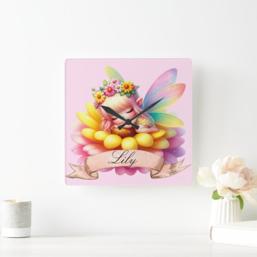 Cute Whimsical Floral Sweet Dreams Sleeping Fairy Square Wall Clock