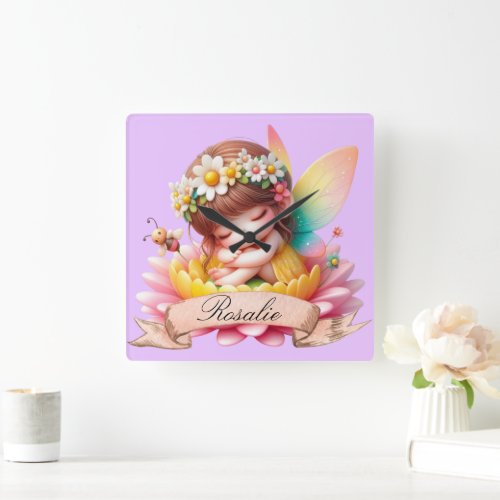 Cute Whimsical Floral Sweet Dreams Sleeping Fairy Square Wall Clock