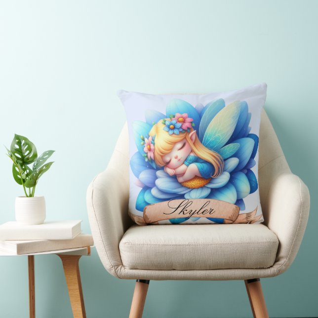 Cute Whimsical Floral Sweet Dreams Sleeping Fairy Throw Pillow (Chair)