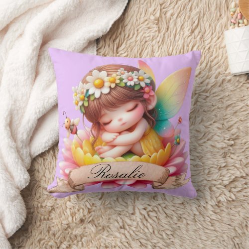 Cute Whimsical Floral Sweet Dreams Sleeping Fairy Throw Pillow