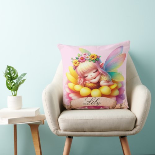 Cute Whimsical Floral Sweet Dreams Sleeping Fairy Throw Pillow