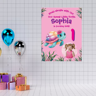 Cute Whimsical Floral Turtle Birthday Welcome Poster