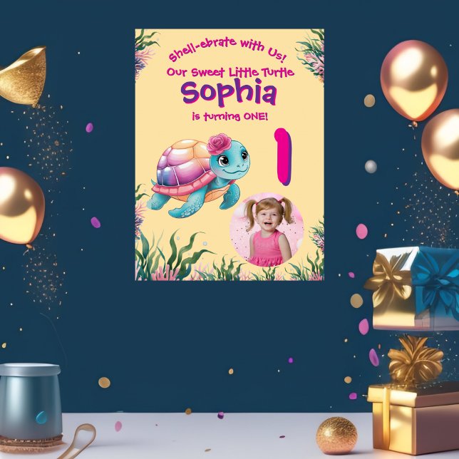 Cute Whimsical Floral Turtle Birthday Welcome  Poster (Creator Uploaded)