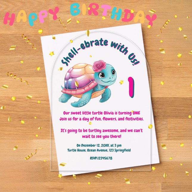 Cute Whimsical Floral Turtle Girly Kids Birthday  Acrylic Invitations (Creator Uploaded)